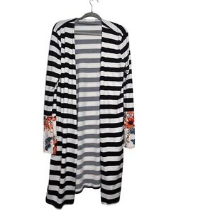 REBORN J Striped Duster Cardigan Floral Sleeve Black White Women's Medium